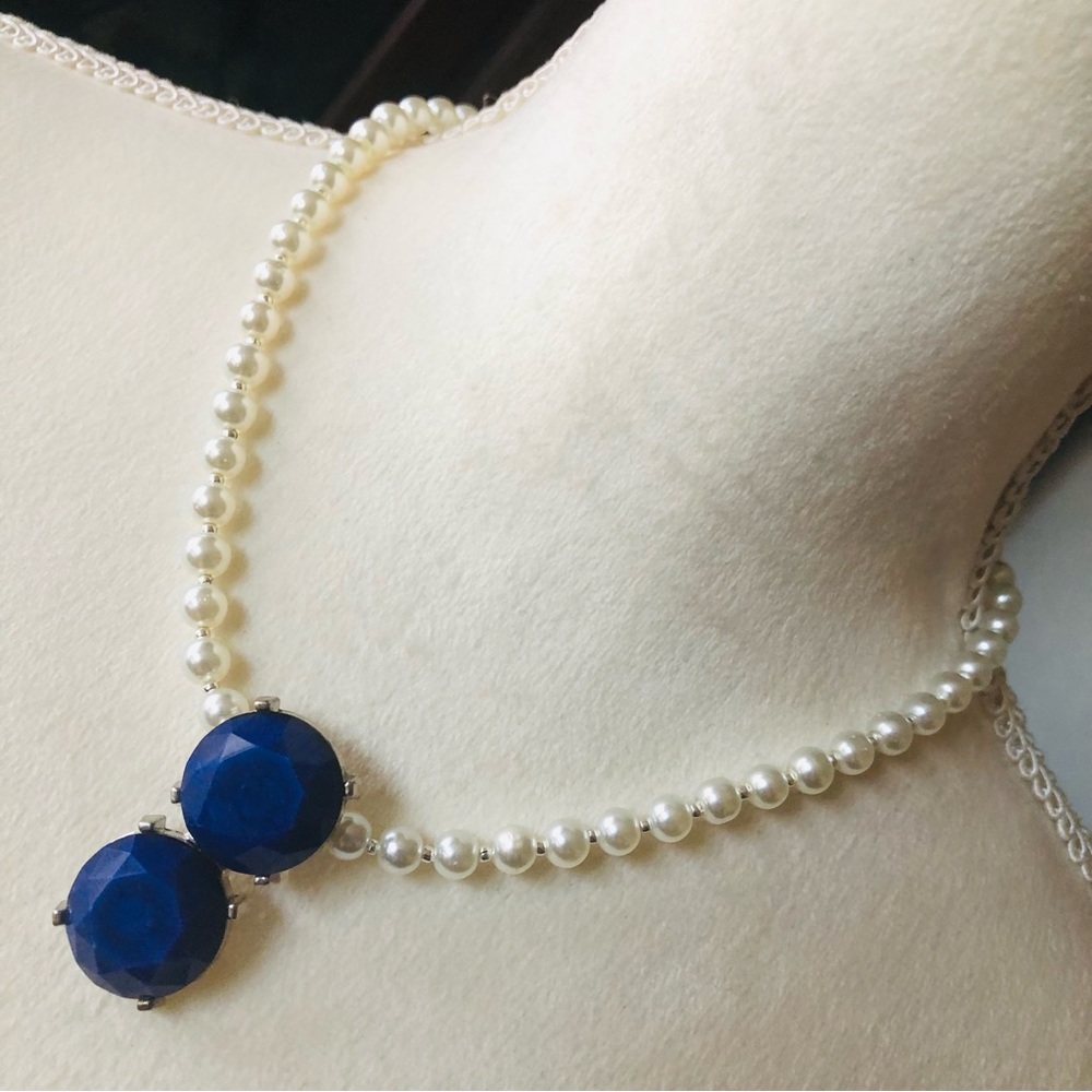 Handcrafted repurpose royal blue stone pendant Czech glass Pearl necklace